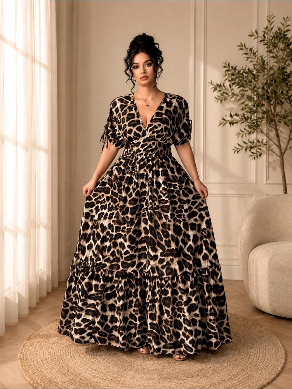 Leopard Print V-Neck Maxi Dress - Brown/Black - Picture 2 of 6